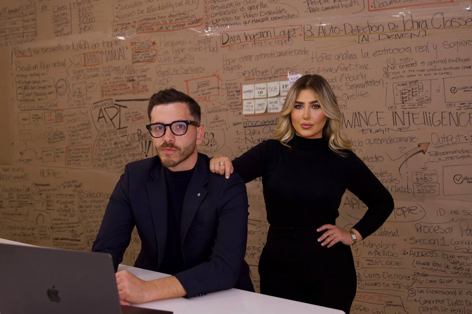 Valerie Besereni and Francisco Laprea, Hopie co-founders, in front of the wall where Hopie was designed